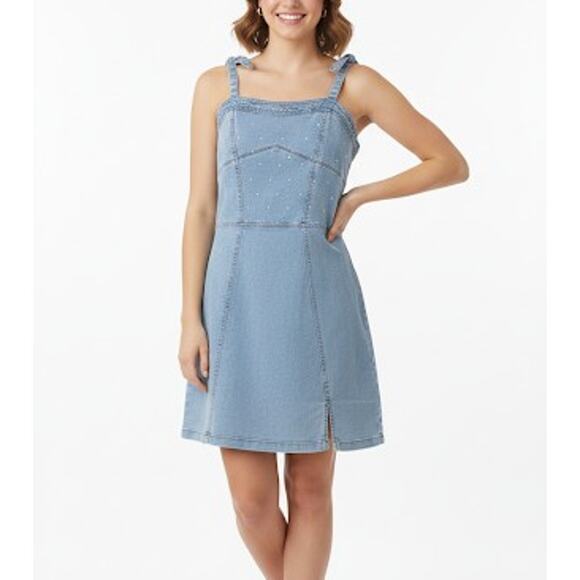 Bebe Dresses & Skirts - NWT Bebe Denim Embellished Rhinestone Western Mini Dress Tie Up Split Hem Sz M